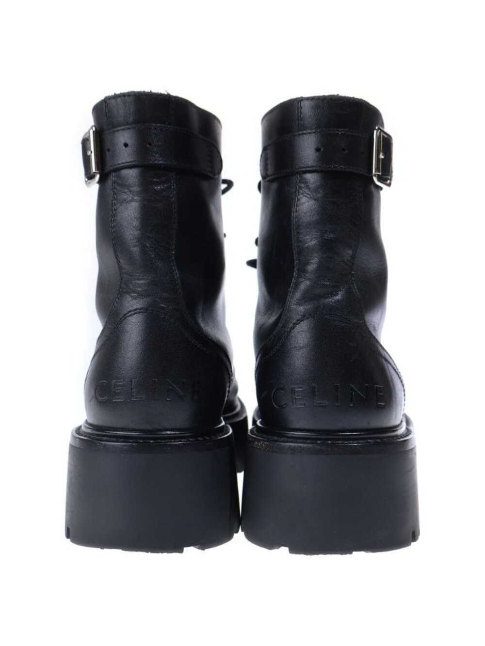 Celine Bulky Studded Logo Leather Lace Up High Cut Shoes Short Boots Black - Picture 3 of 6